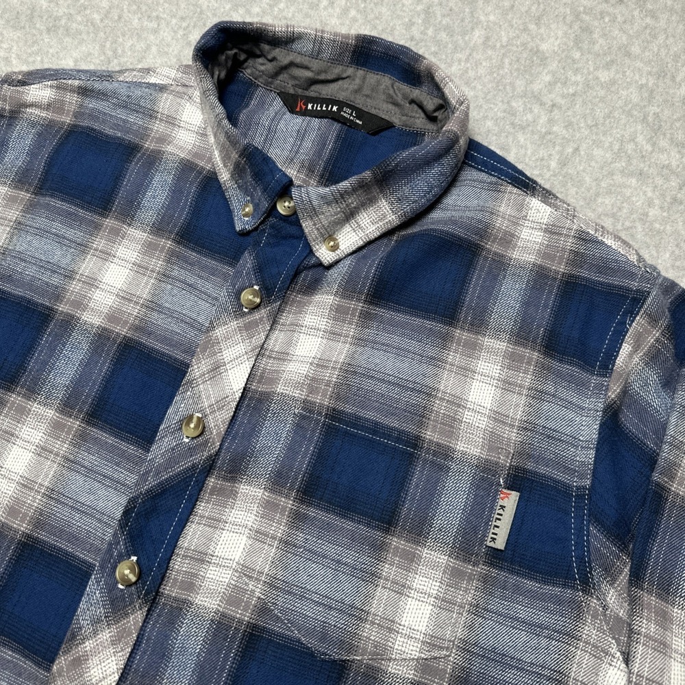 Killik Button Down Flannel Shirt Mens Large Blue Plaid  Stretch Long‎ Sleeve